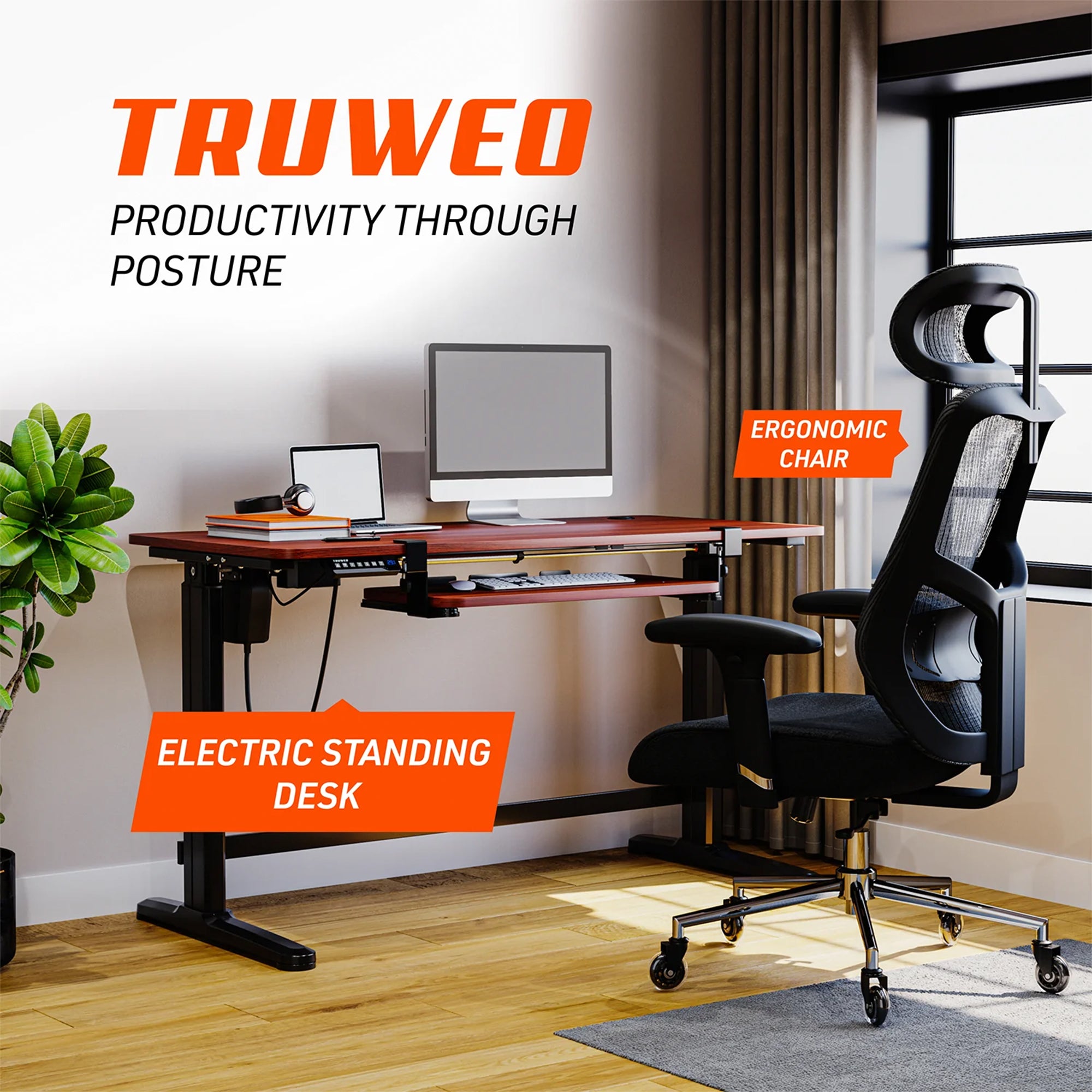 Truweo Adjustable Electric Standing Desk Tabletop w/Sliding Keyboard Tray, Brown - VMInnovations