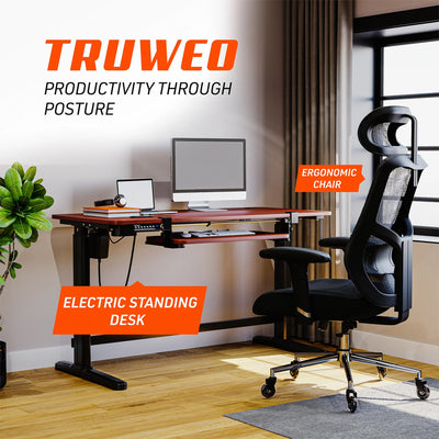 Truweo Adjustable Electric Standing Desk w/Sliding Keyboard Tray, Brown (Used) - VMInnovations
