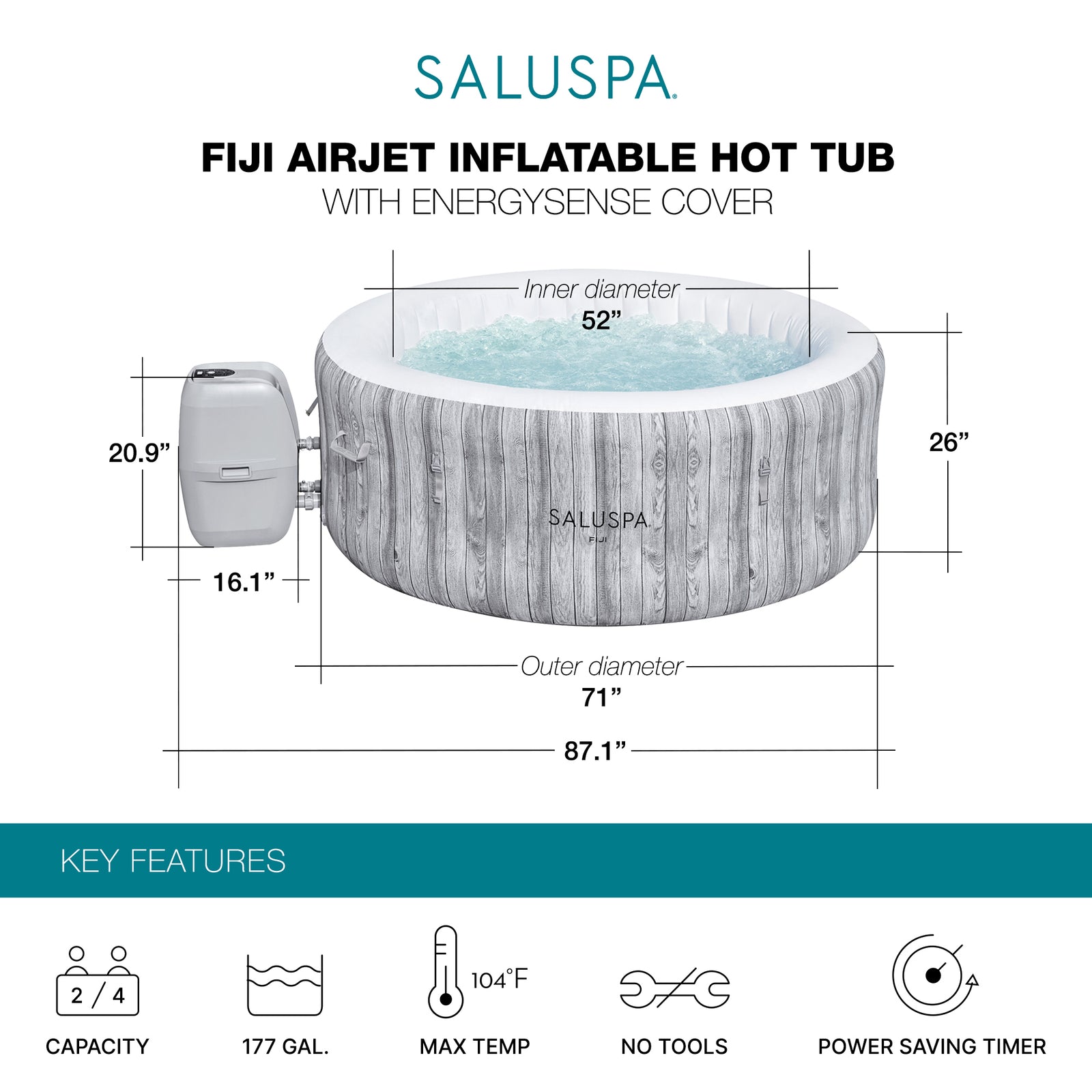 Bestway SaluSpa Fiji AirJet Hot Tub w/EnergySense Cover, Grey (Open Box) - VMInnovations
