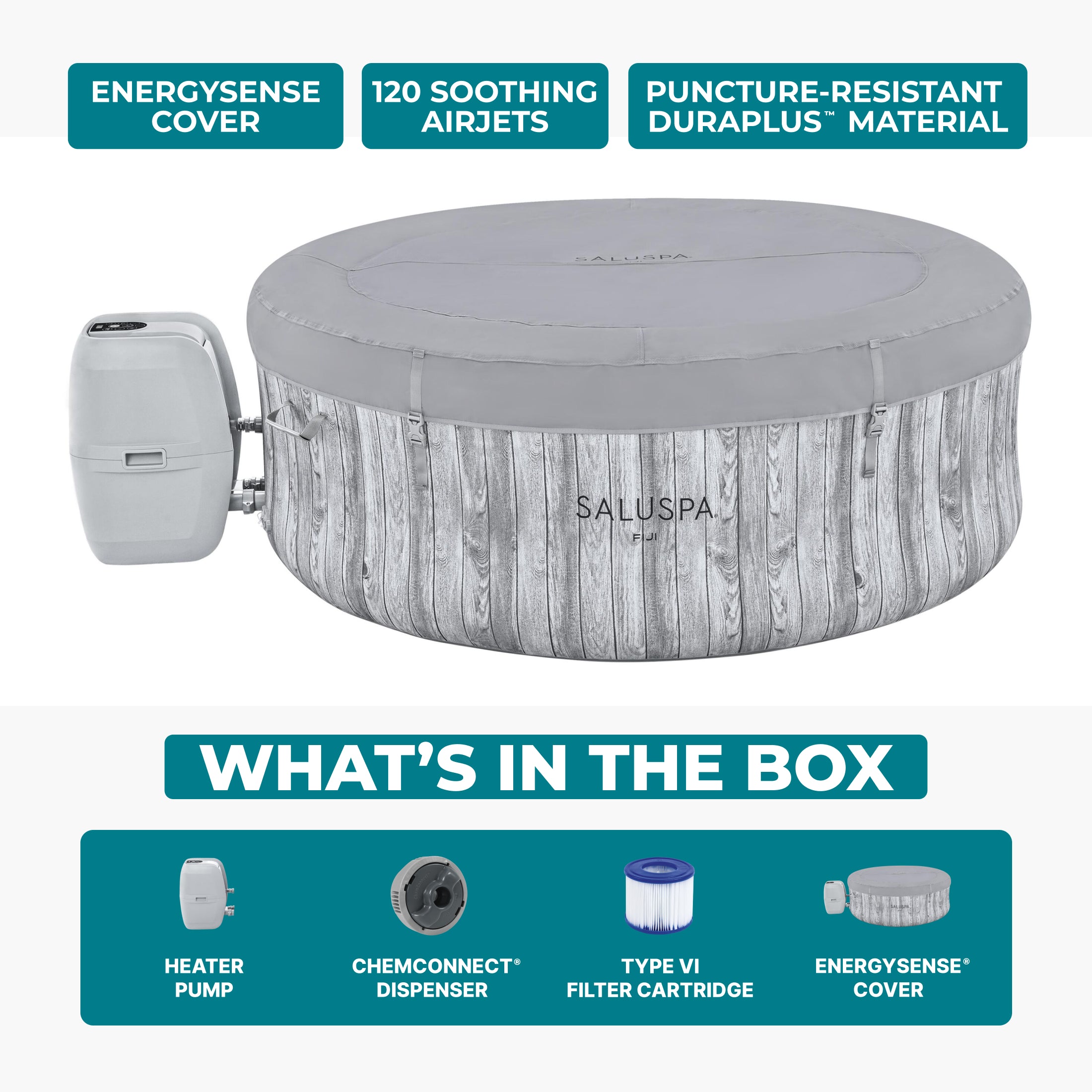 Bestway SaluSpa Fiji AirJet Inflatable Hot Tub with EnergySense Cover, Grey - VMInnovations