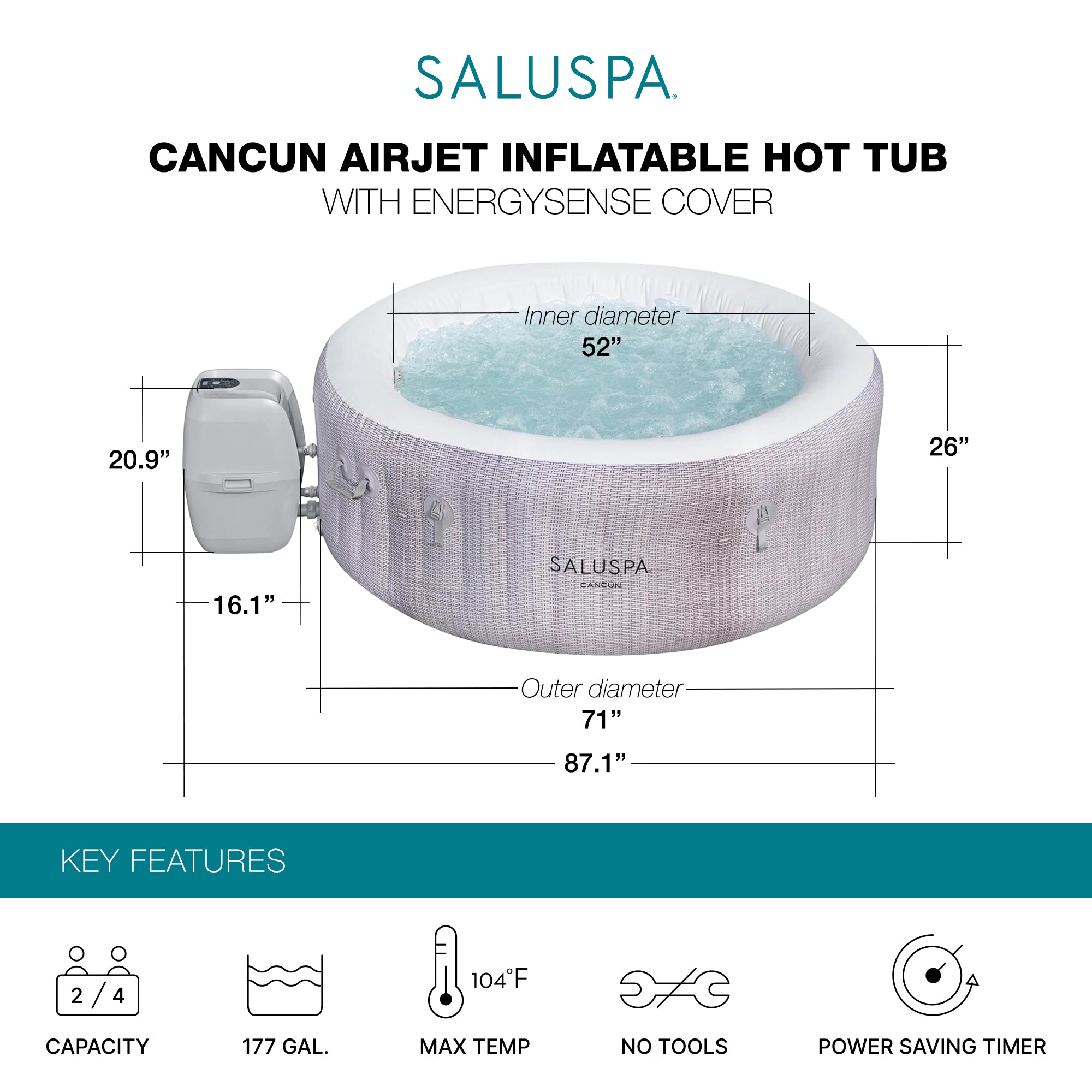 Bestway SaluSpa Cancun AirJet Inflatable Hot Tub w/EnergySense Cover, Grey(Used) - VMInnovations