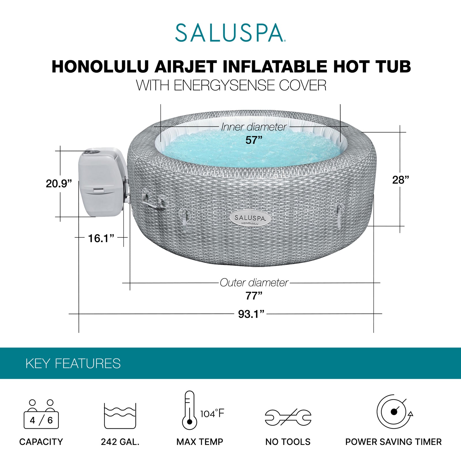 Bestway SaluSpa Honolulu AirJet Hot Tub w/EnergySense Cover, Grey (Open Box) - VMInnovations