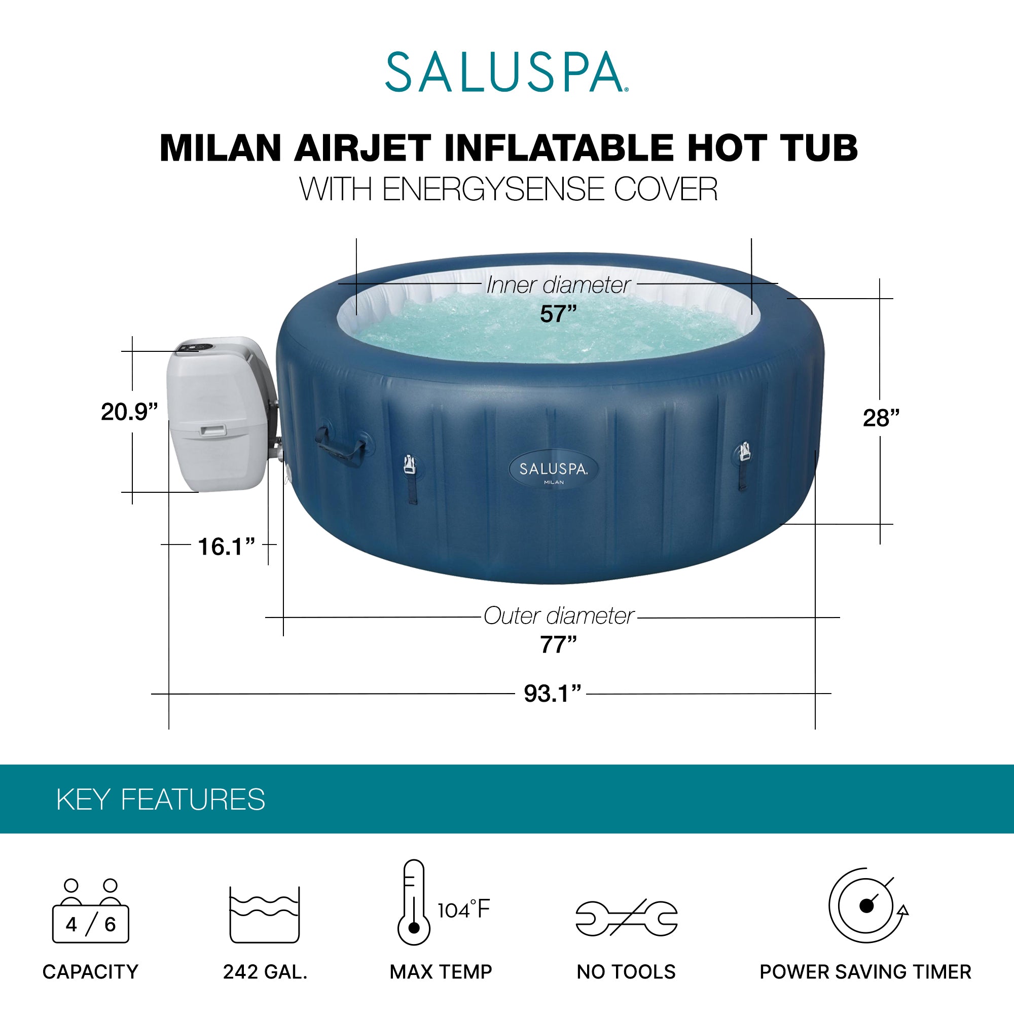 Bestway SaluSpa Milan AirJet Inflatable Hot Tub w/ EnergySense Cover, Blue(Used)