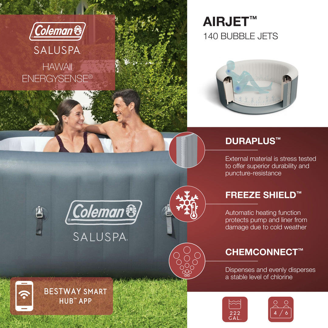 Bestway Coleman Hawaii AirJet Inflatable Hot Tub with EnergySense Cover, Grey