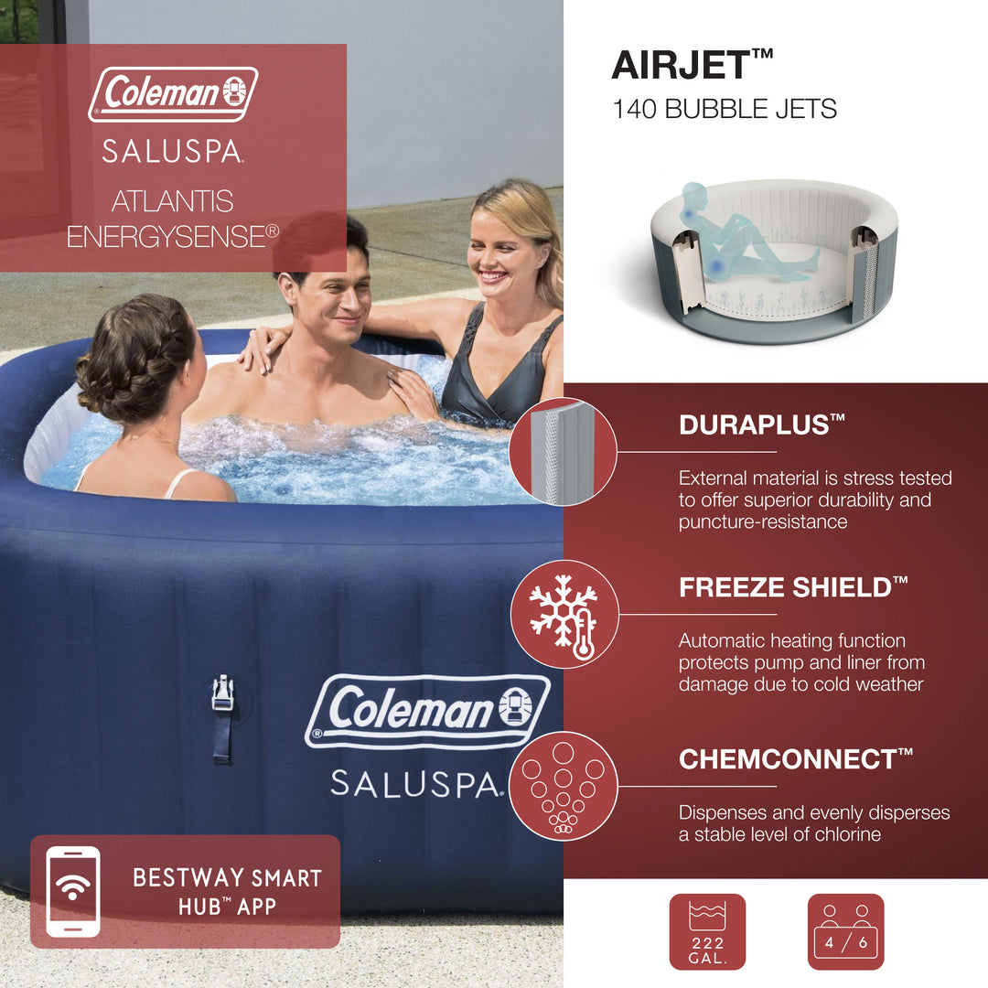 Coleman Atlantis AirJet Square Inflatable Hot Tub with EnergySense Cover, Blue