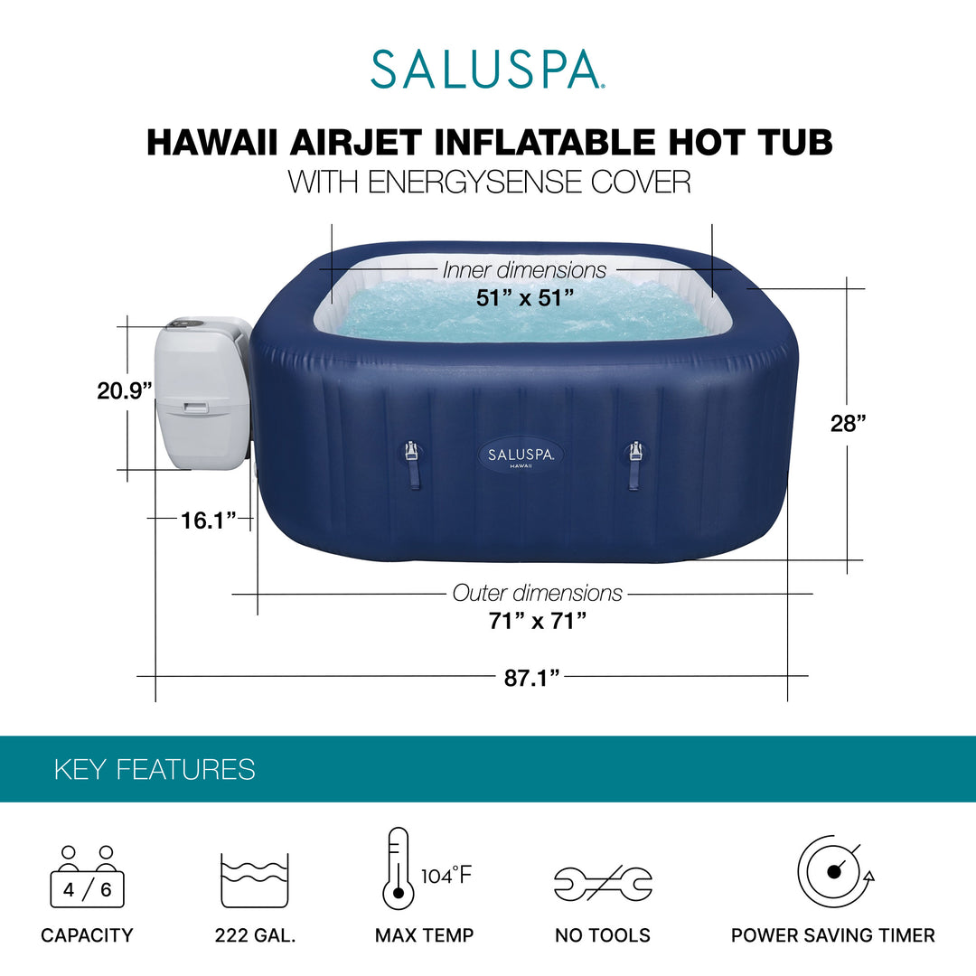 Bestway SaluSpa Hawaii AirJet Inflatable Hot Tub with EnergySense Cover, Blue