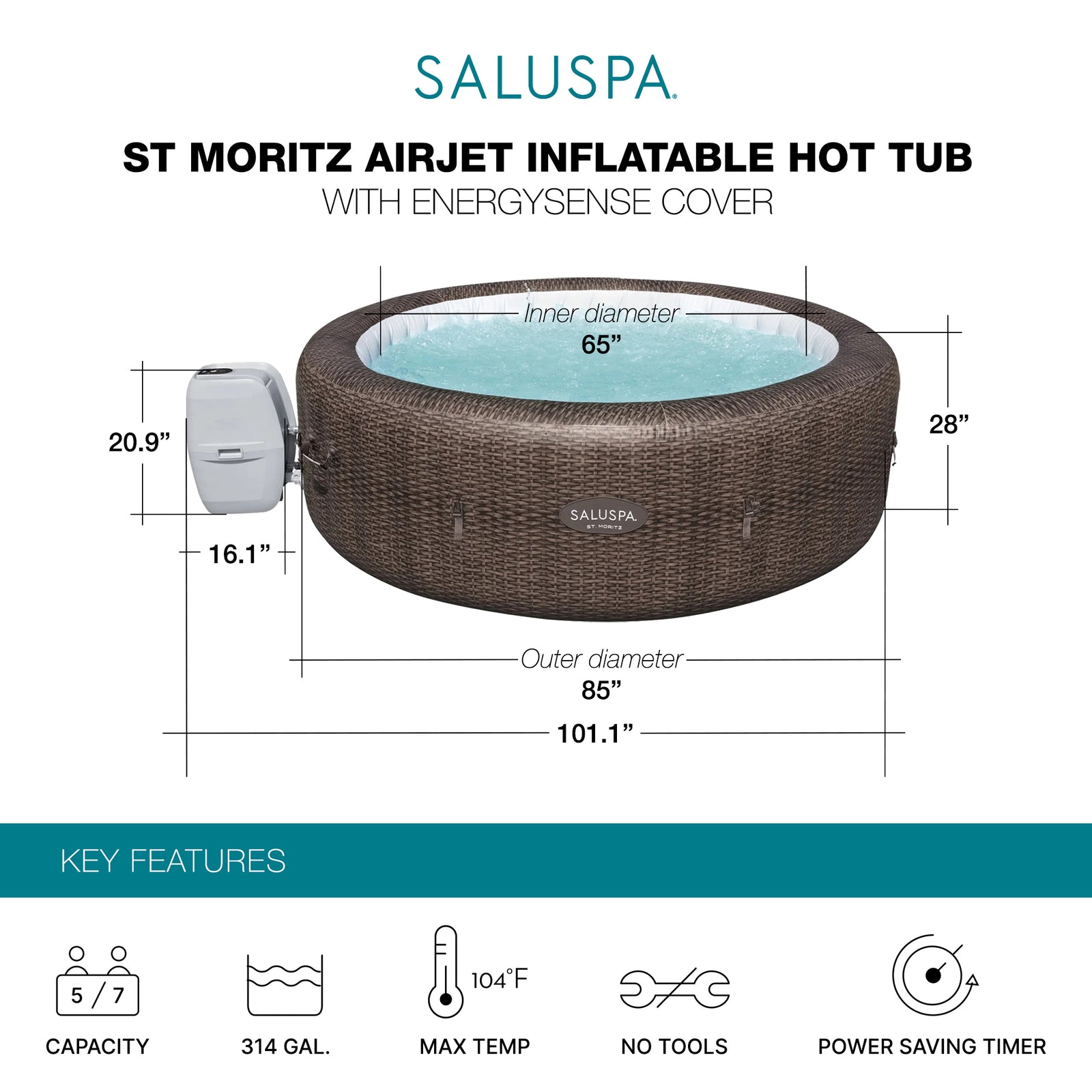 Bestway SaluSpa St Moritz AirJet Hot Tub w/ EnergySense Cover, Brown (Open Box) - VMInnovations