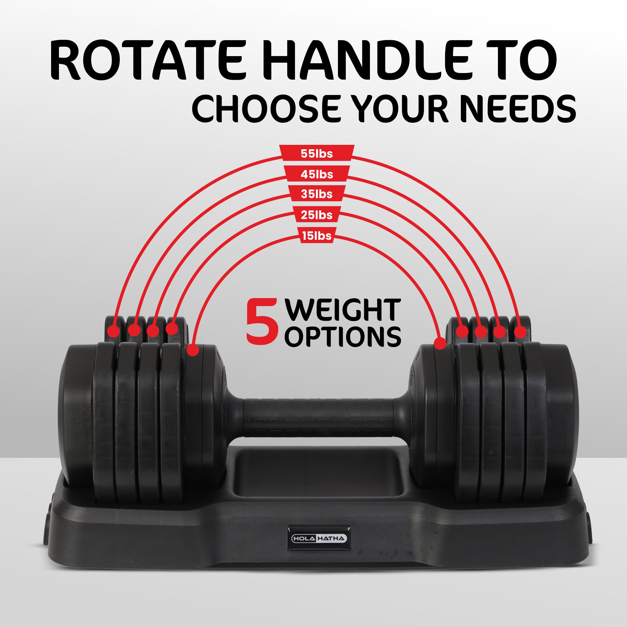 HolaHatha 5-in-1 Adjustable 15-55lb Dumbbell Home Gym Workout Equipment, Single - VMInnovations