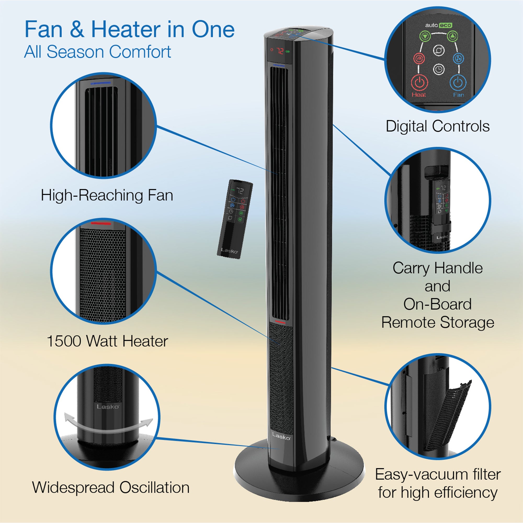 Lasko 1500W Oscillating Tower Fan & Space Heater w/Timer & Remote (Open Box) - VMInnovations