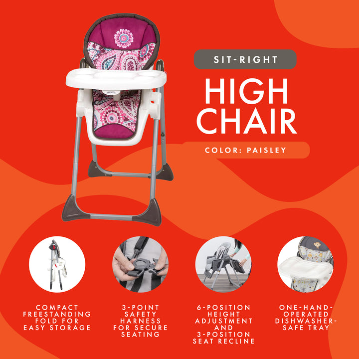 Baby Trend Sit-Right Durable Compact Freestanding Foldable High Chair, Paisley