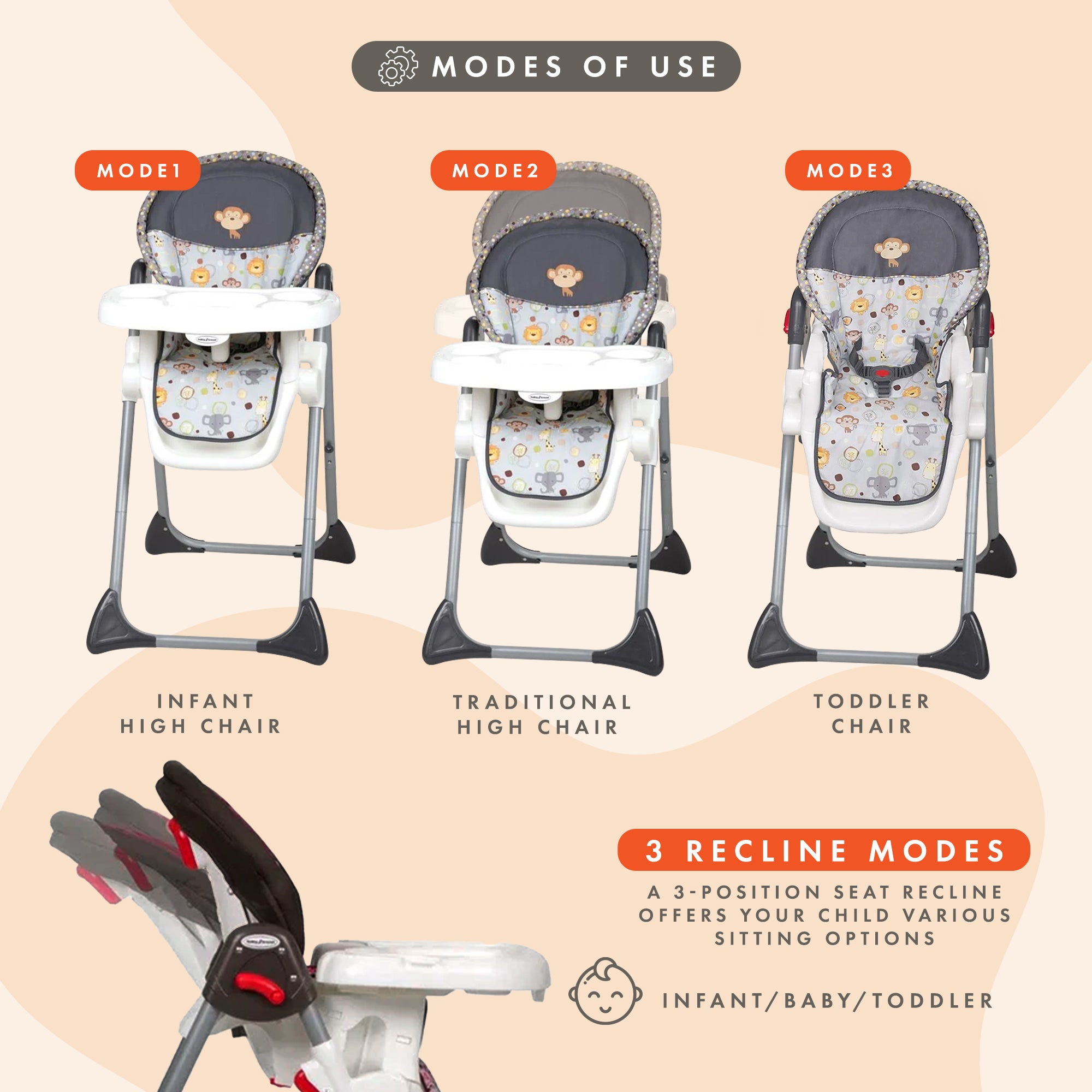 Baby Trend Sit-Right Compact Freestanding Foldable High Chair,Bobble Heads(Used) - VMInnovations