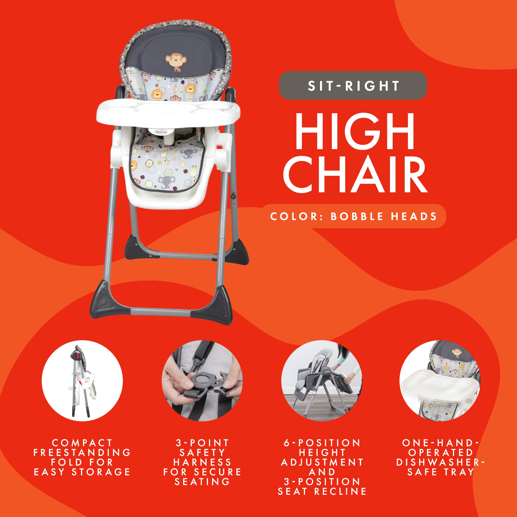 Baby Trend Sit-Right Compact Freestanding Foldable High Chair, Bobble Heads - VMInnovations
