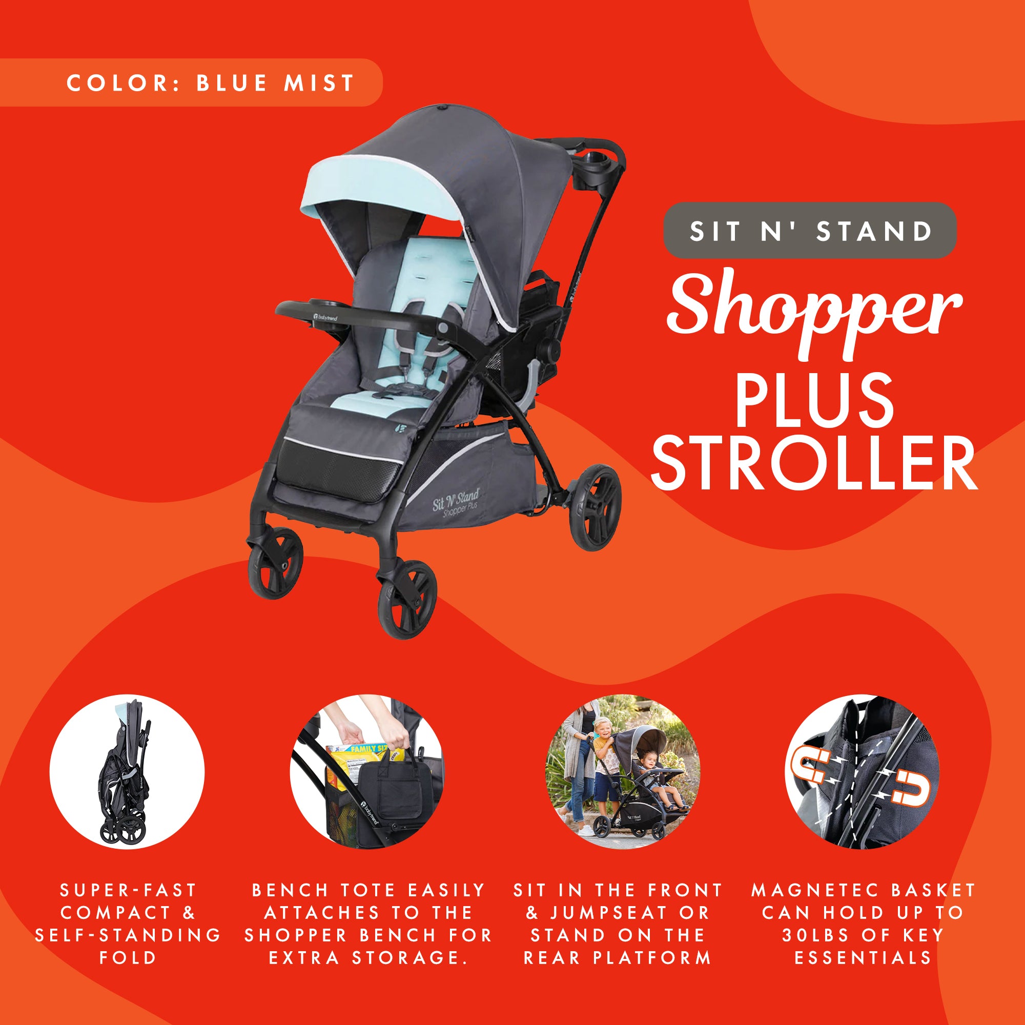 Sit N’ Stand Lightweight 5-in-1 Shopper Plus Stroller, Blue Mist (Used) - VMInnovations