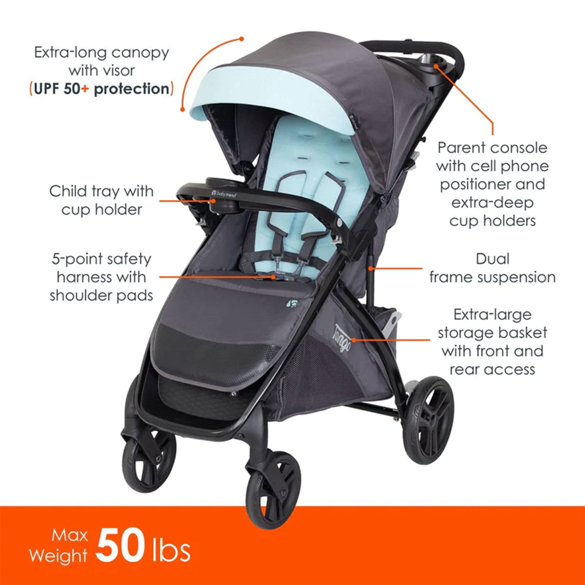 Tango Lightweight Foldable Stroller with Dual Suspension, Blue Mist (Open Box) - VMInnovations
