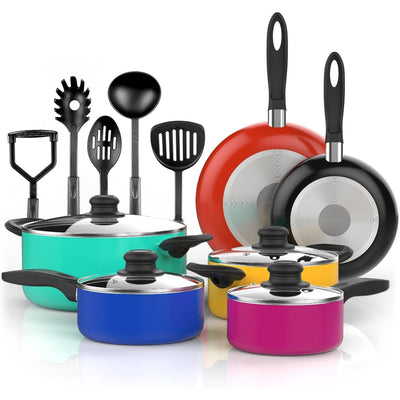 Vremi 15 Piece Nonstick Aluminum Pot and Pans Cookware Set with Cooking Utensils
