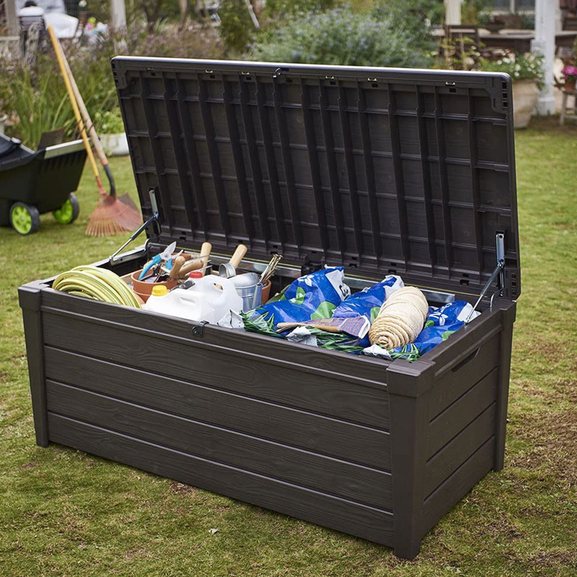 Keter Brightwood Weatherproof Resin Patio Deck Storage Box Bench, Brown (2 Pack) - VMInnovations