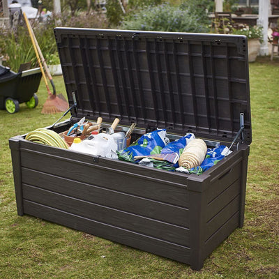 Keter Brightwood Weatherproof Resin Patio Deck Storage Box Bench, Brown (2 Pack) - VMInnovations