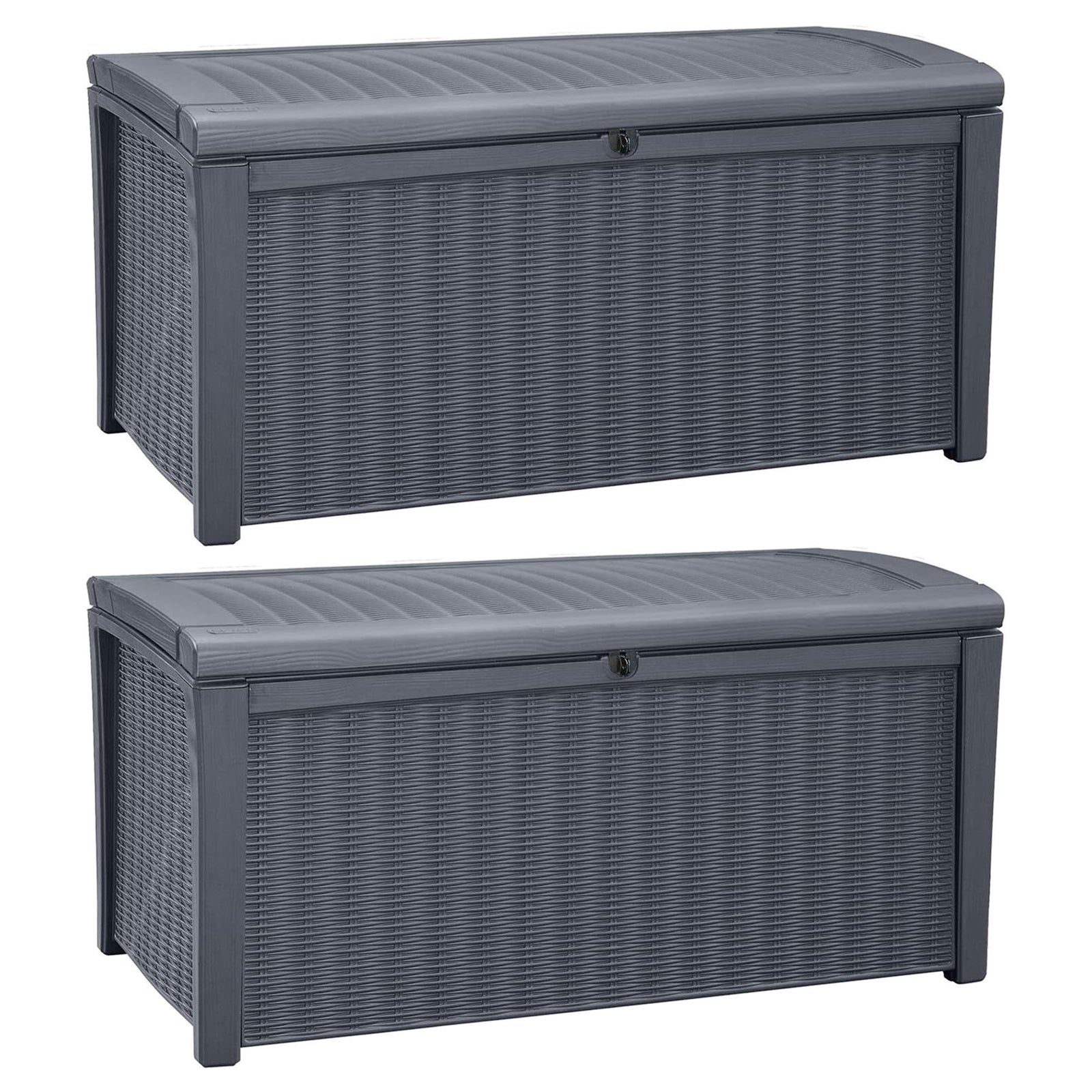 Keter Borneo Rattan Wicker Resin Patio Deck Storage Box Bench, Grey (2 Pack) - VMInnovations
