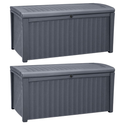 Keter Borneo Rattan Wicker Resin Patio Deck Storage Box Bench, Grey (2 Pack) - VMInnovations