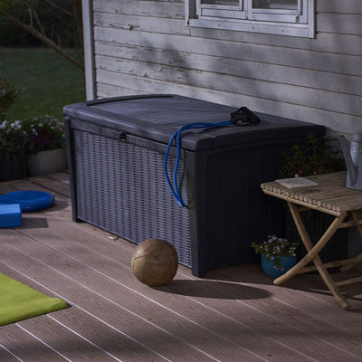 Keter Borneo Rattan Wicker Resin Patio Deck Storage Box Bench, Grey (2 Pack) - VMInnovations