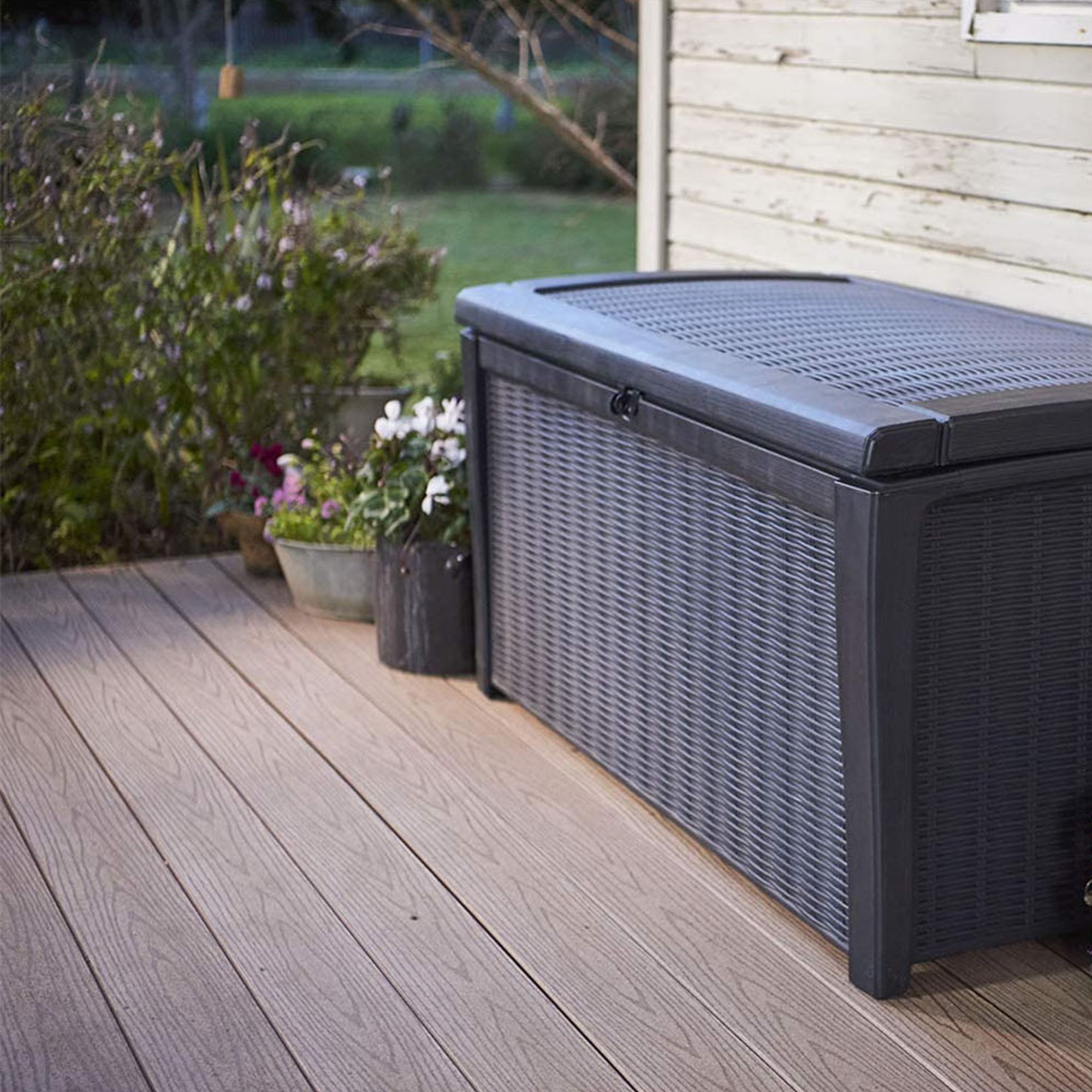 Keter Borneo Rattan Wicker Resin Patio Deck Storage Box Bench, Grey (2 Pack) - VMInnovations