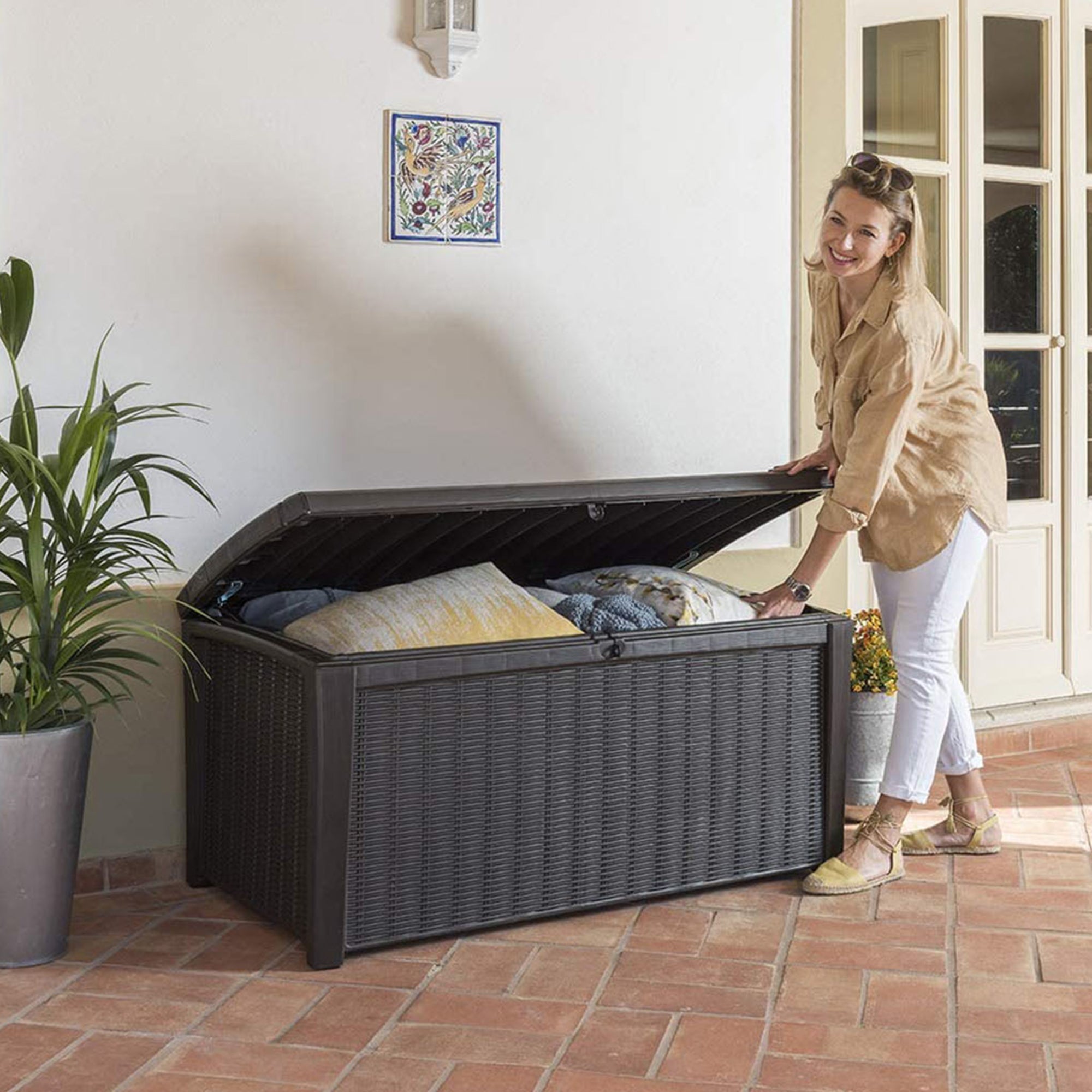 Keter Borneo Rattan Wicker Resin Patio Deck Storage Box Bench, Grey (2 Pack) - VMInnovations