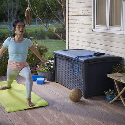Keter Borneo Rattan Wicker Resin Patio Deck Storage Box Bench, Grey (2 Pack) - VMInnovations