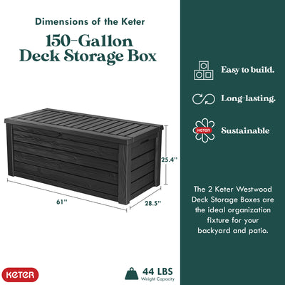 Keter Westwood Outdoor 150 Gal Deck Storage Box for Yard Tools, Grey (2 Pack) - VMInnovations