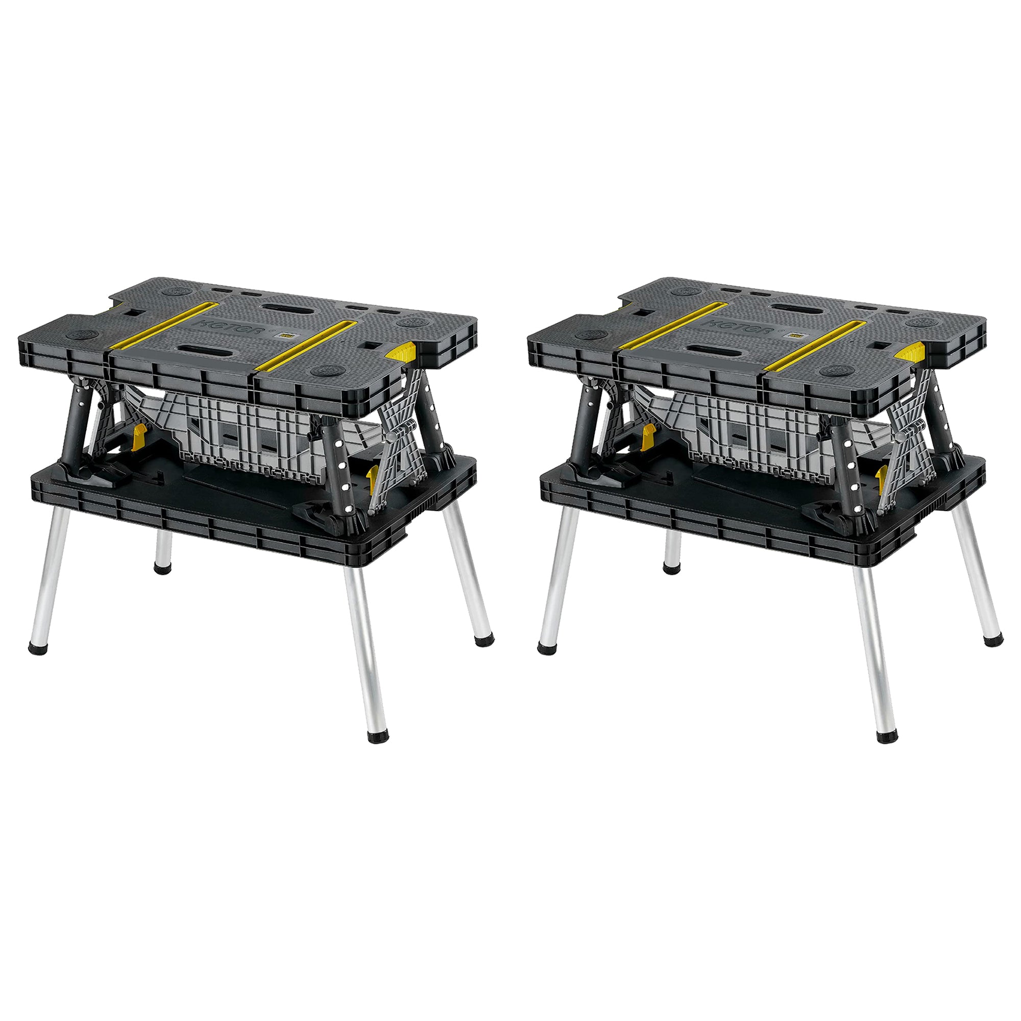 Keter Folding Portable Workbench Sawhorse w/12 In Clamps, Black/Yellow (2 Pack) - VMInnovations