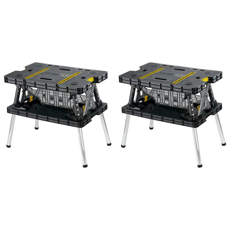 Keter Folding Portable Workbench Sawhorse w/12 In Clamps, Black/Yellow (2 Pack)