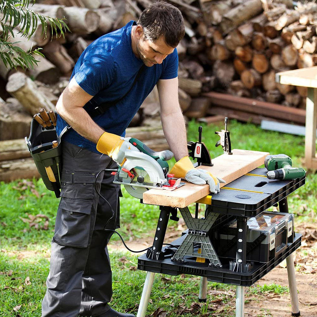 Keter Folding Portable Workbench Sawhorse w/12 In Clamps, Black/Yellow (2 Pack)