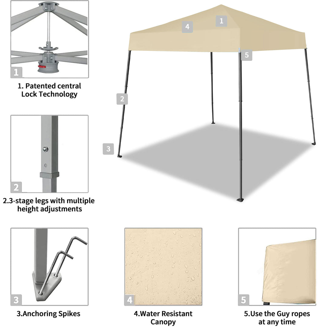 Crown Shades 8'x8' Base 6.5'x6.5' Top Pop Up Canopy w/Carry Bag, Beige (Used)