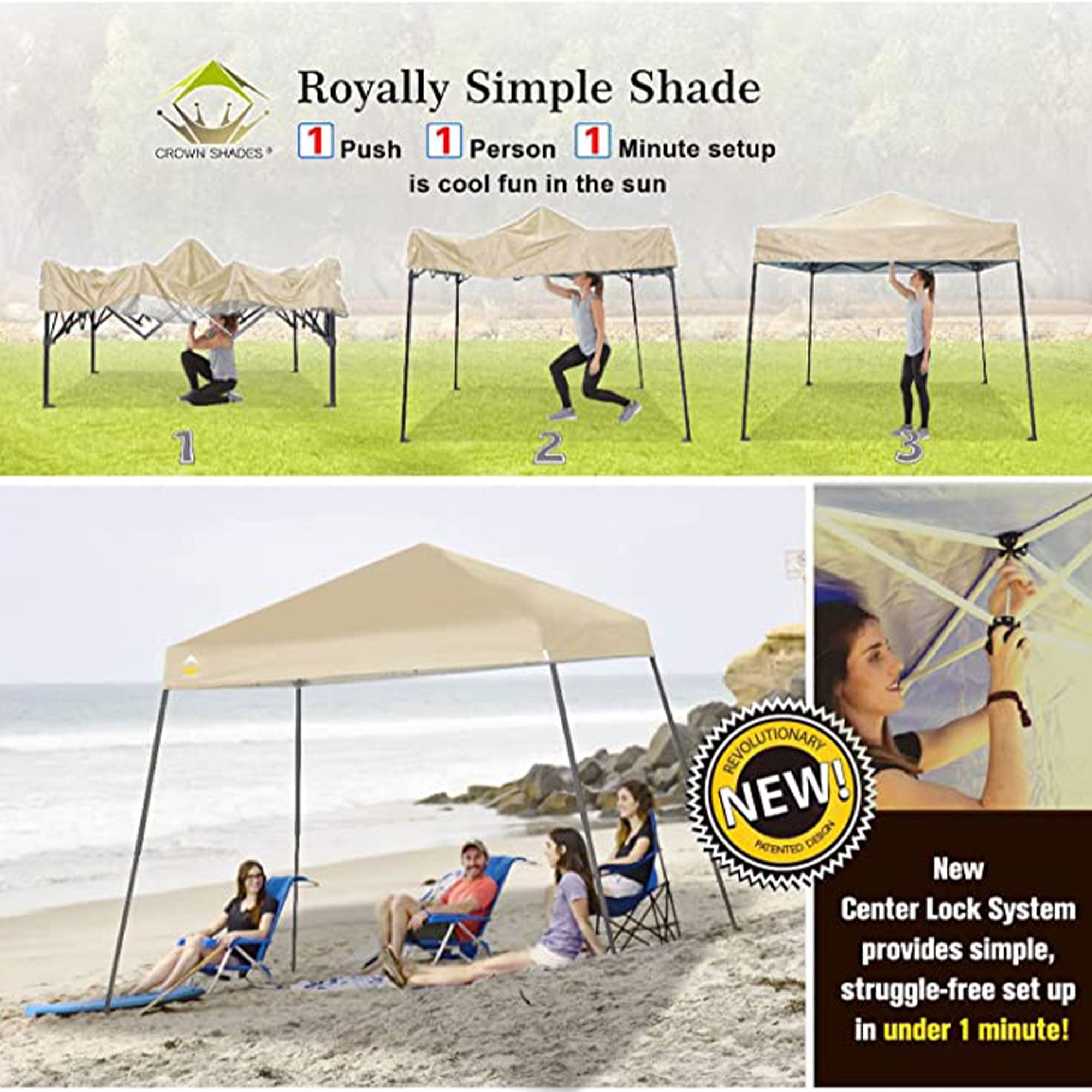 Crown Shades 8'x8' Base 6.5'x6.5' Top Pop Up Canopy w/Carry Bag, Beige (Used) - VMInnovations