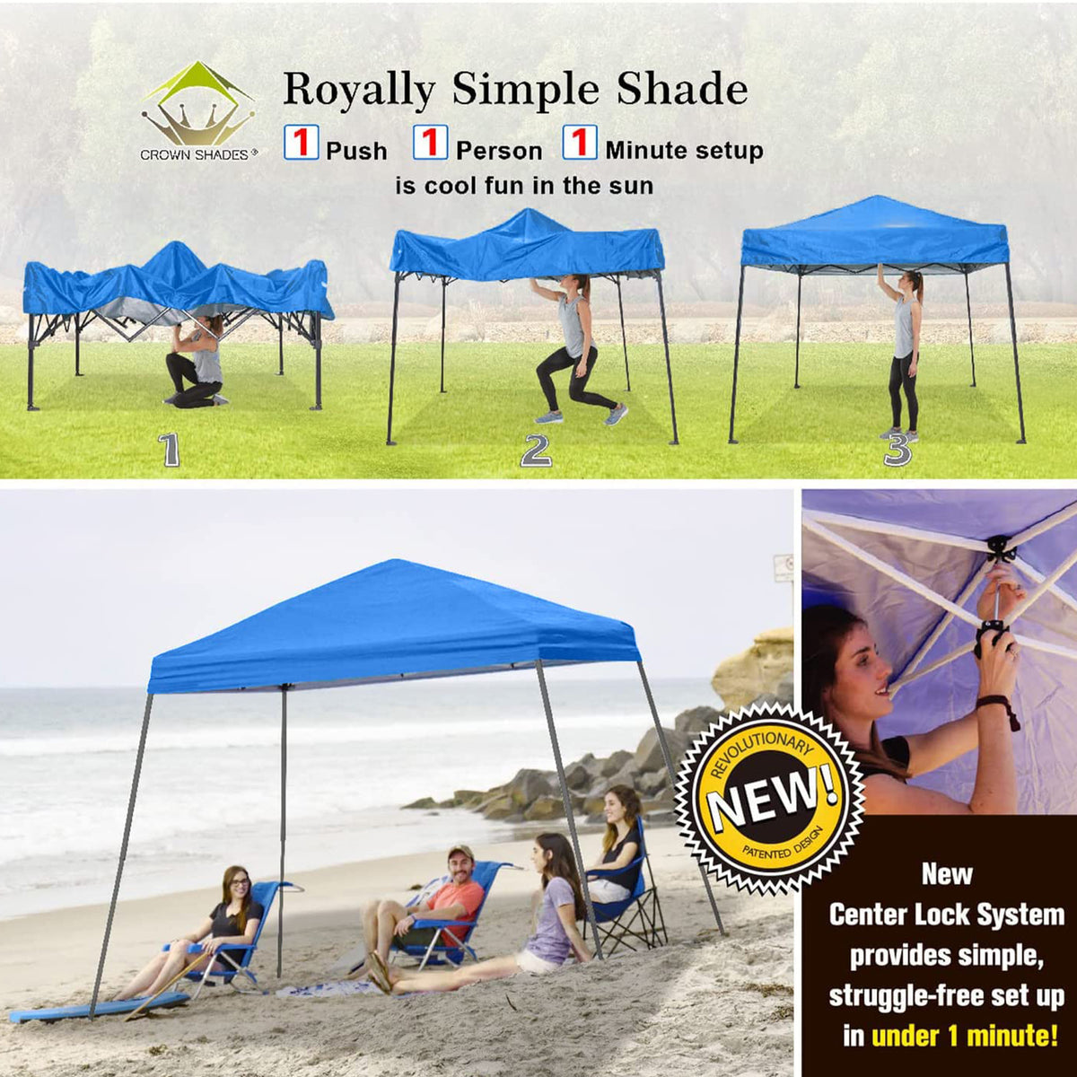 Crown Shades 10' x 10' Base 8' x 8' Top  Pop Up Canopy w/Carry Bag, Blue (Used)