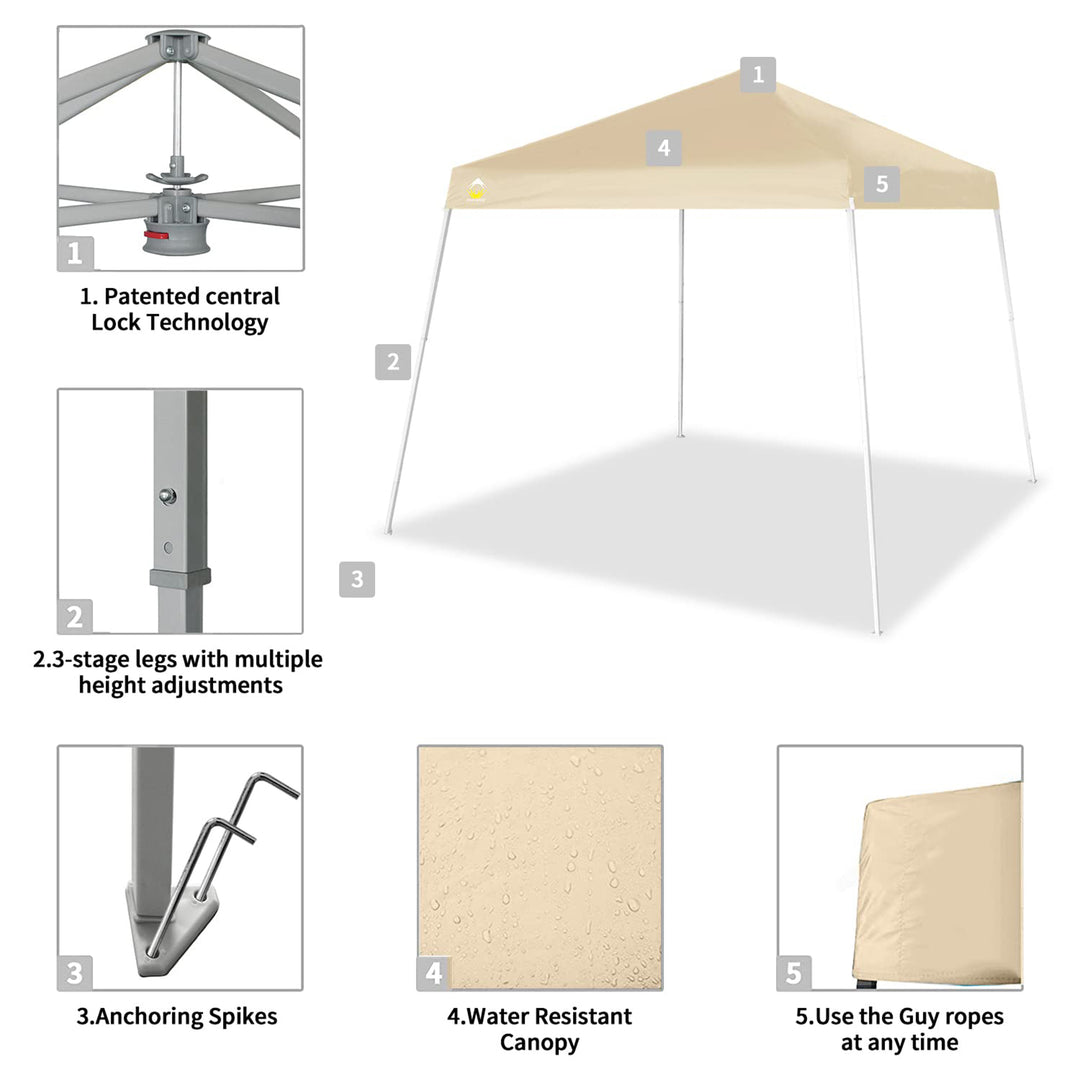 Crown Shades 10' x 10' Base 8' x 8' Top Pop Up Canopy w/Carry Bag, Beige (Used)