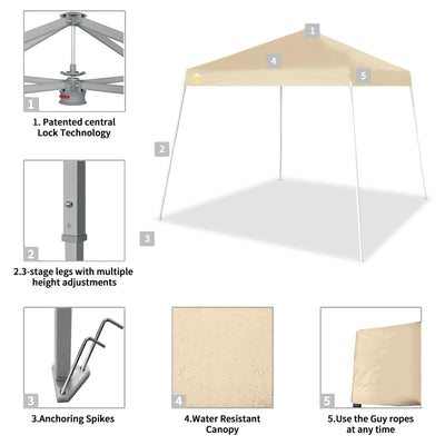 Crown Shades 10' x 10' Base 8' x 8' Top Pop Up Canopy w/Carry Bag, Beige (Used)