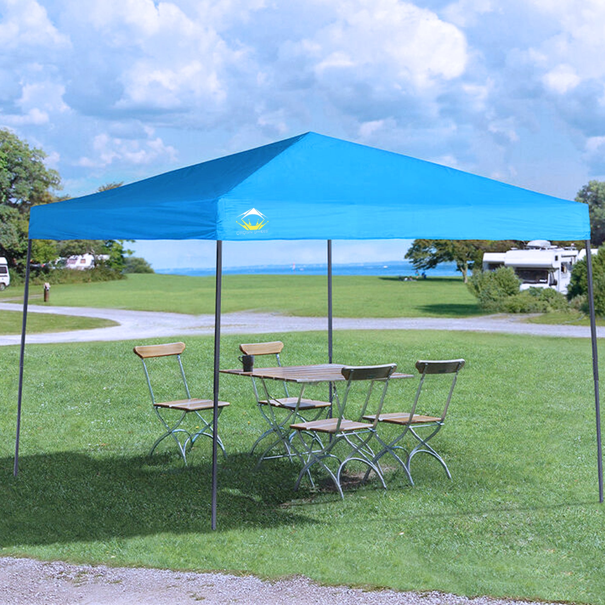 Crown Shades 10' x 10' Base 8' x 8' Top Pop Up Canopy w/Carry Bag, Cyan (Used) - VMInnovations