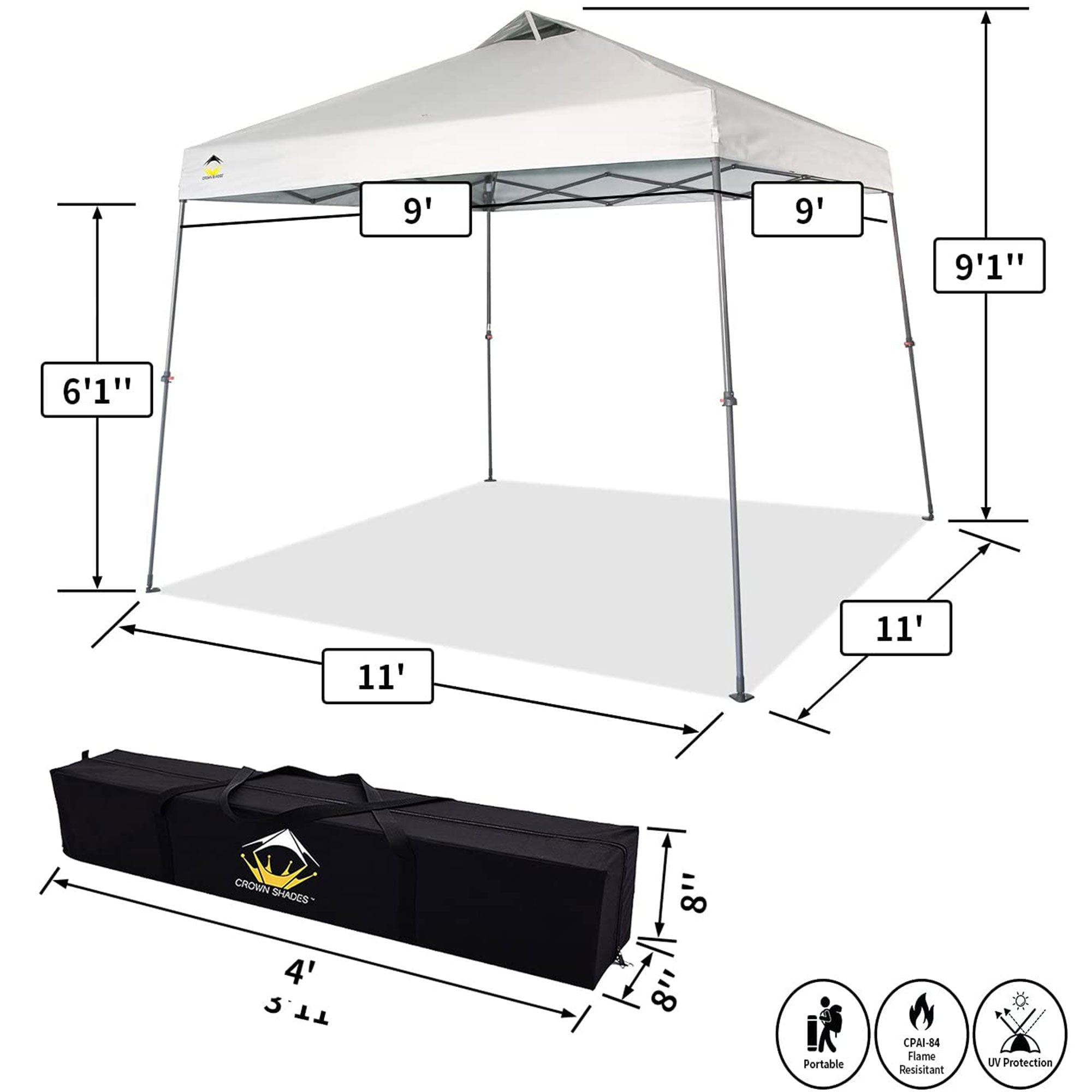 Crown Shades 11' x 11' Base 9' x 9' Top Instant Pop Up Canopy w/Carry Bag, White