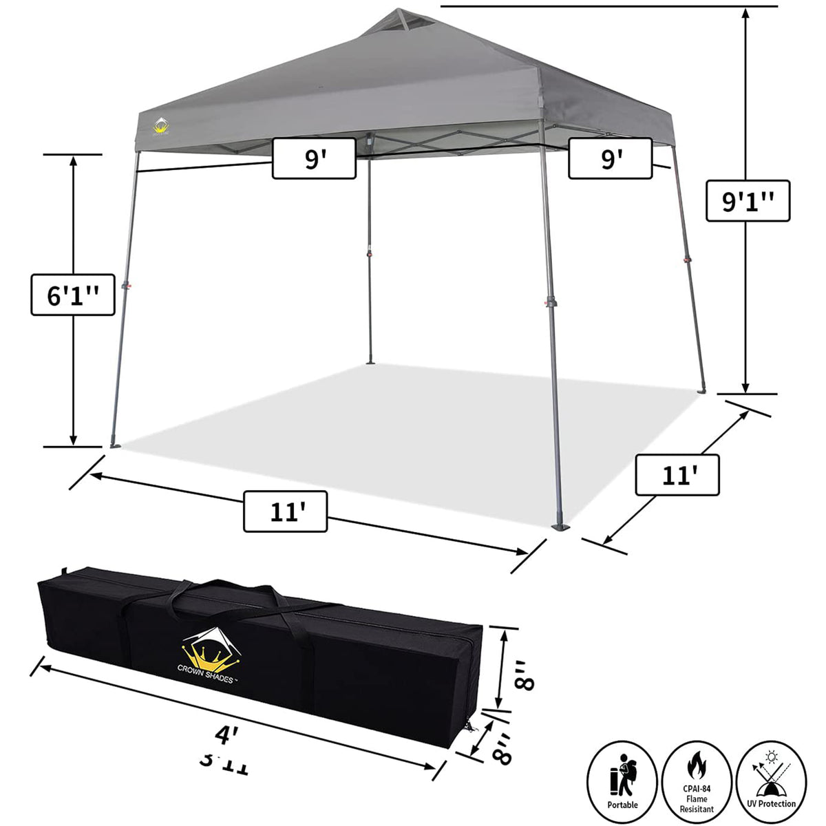 Crown Shades 11' x 11' Base 9' x 9' Top Instant Pop Up Canopy w/Carry Bag, Gray