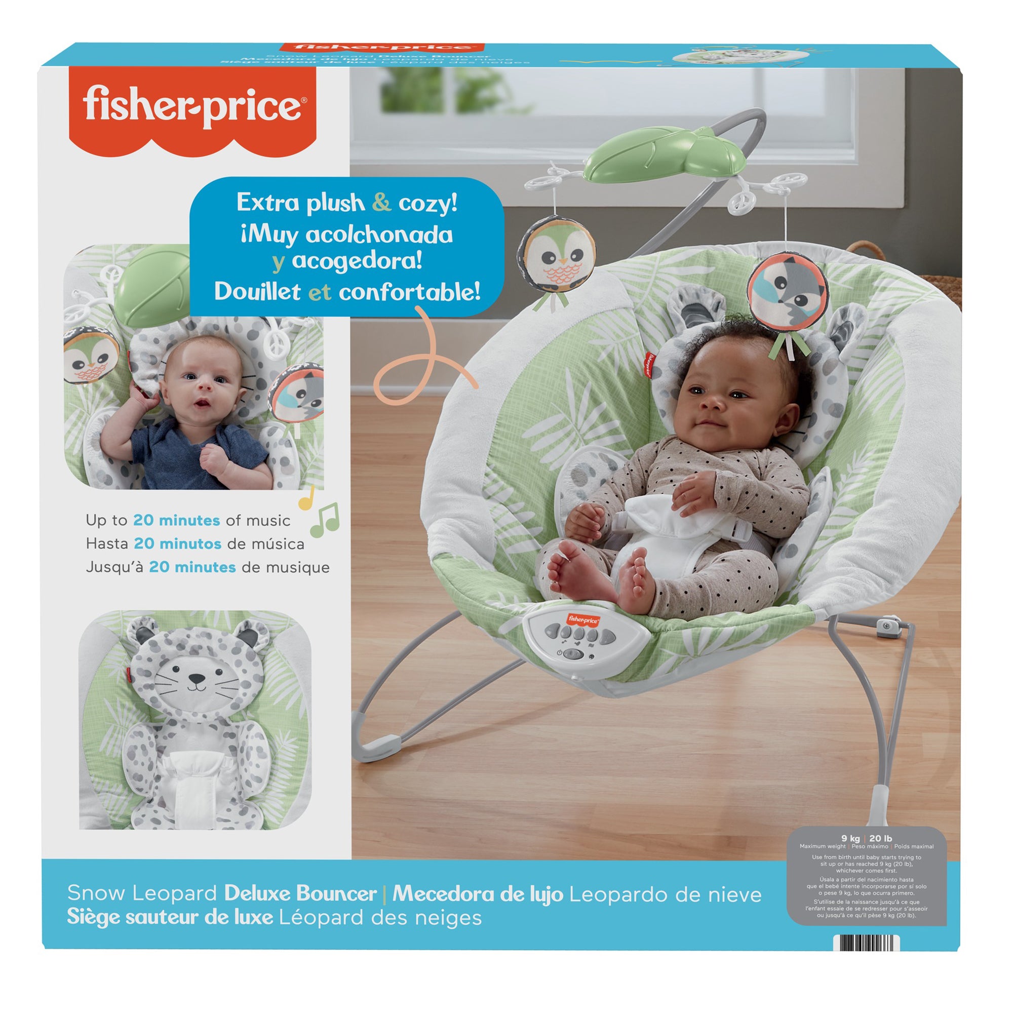 Fisher-Price Snow Leopard Deluxe Baby Bouncer with Soothing Sounds & Vibrations - VMInnovations
