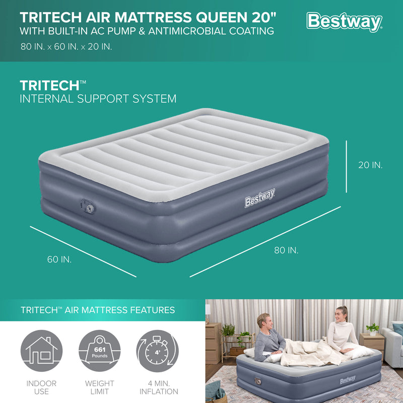 Bestway Tritech Air Mattress w/Built-in AC Pump & Antimicrobial Coating, Queen