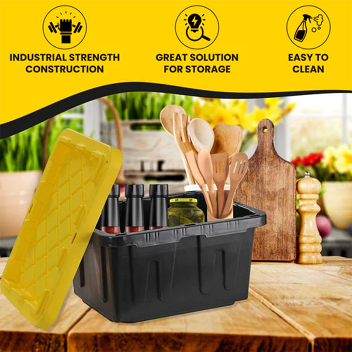 Juggernaut Storage 5 Gal Lockable Plastic Storage Tote, Black/Yellow (4pk)(Used)