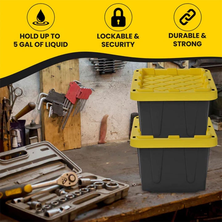 Juggernaut Storage 5 Gal Lockable Plastic Storage Tote, Black/Yellow (4pk)(Used)