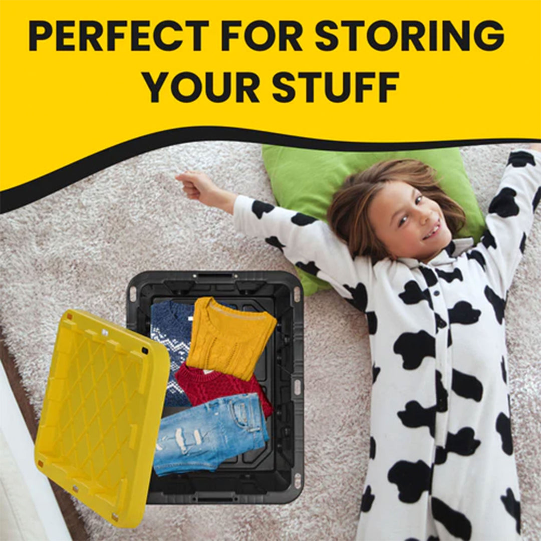 Juggernaut Storage 5 Gal Lockable Plastic Storage Tote, Black/Yellow (4pk)(Used)