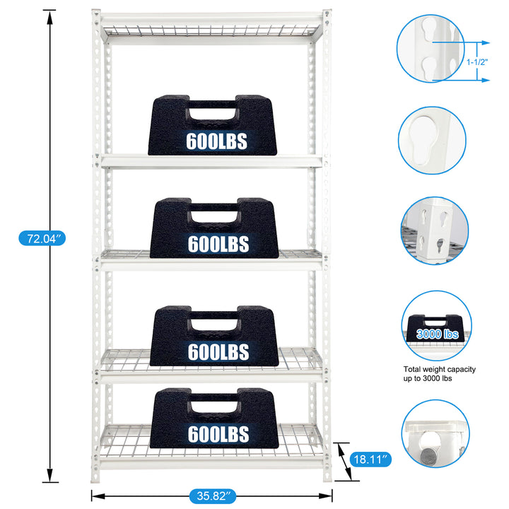 Pachira 36"W x 72"H 5 Shelf Steel Shelving for Home and Office Organizing, White - VMInnovations