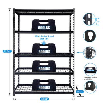 Pachira 60"W x 72"H 5 Shelf Steel Shelving for Home and Office Organizing, Black