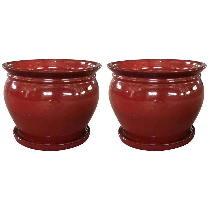 Southern Patio Wisteria 8" Round Ceramic Planter Pot with Saucer, Red (2 Pack)