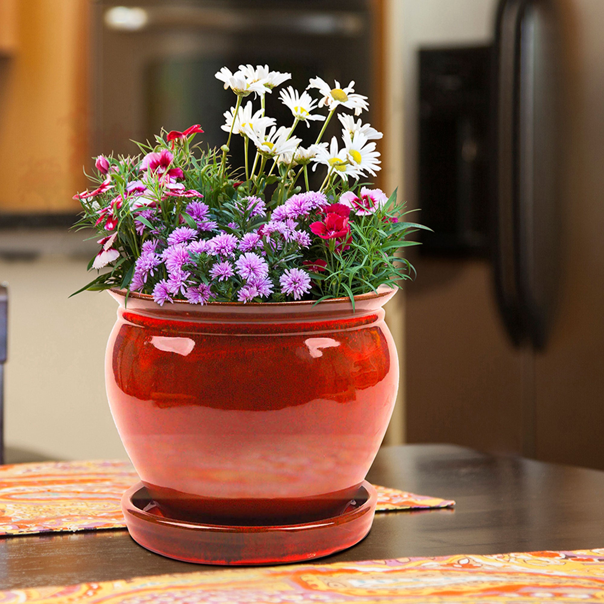 Southern Patio Wisteria 8" Round Ceramic Planter Pot with Saucer, Red (2 Pack) - VMInnovations