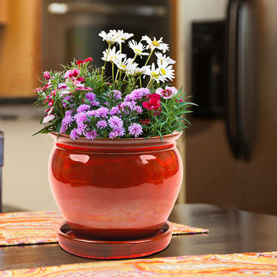 Southern Patio Wisteria 8" Round Ceramic Planter Pot with Saucer, Red (2 Pack) - VMInnovations