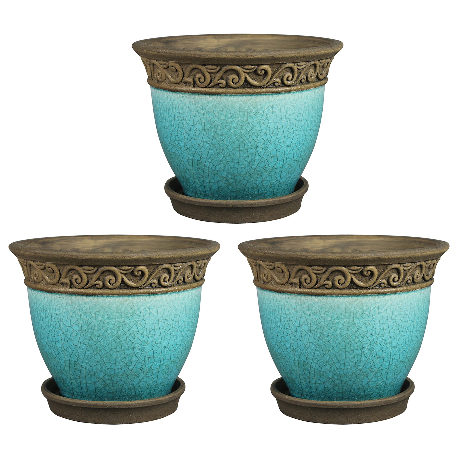 Southern Patio Cadiz 8" Crackled Ceramic Planter Pot with Saucer, Teal (3 Pack) - VMInnovations